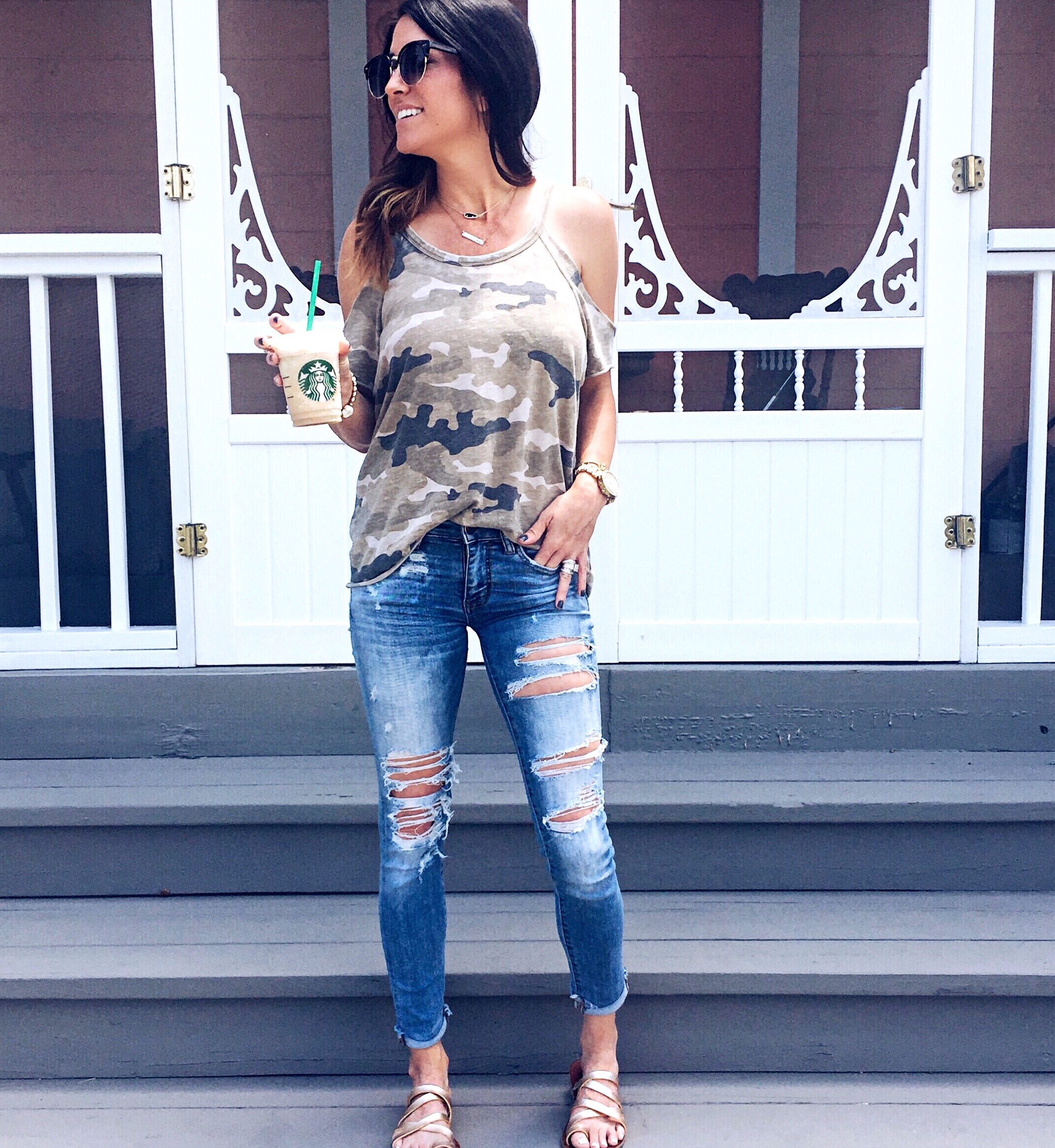 Camo top distressed jeans gold sandals