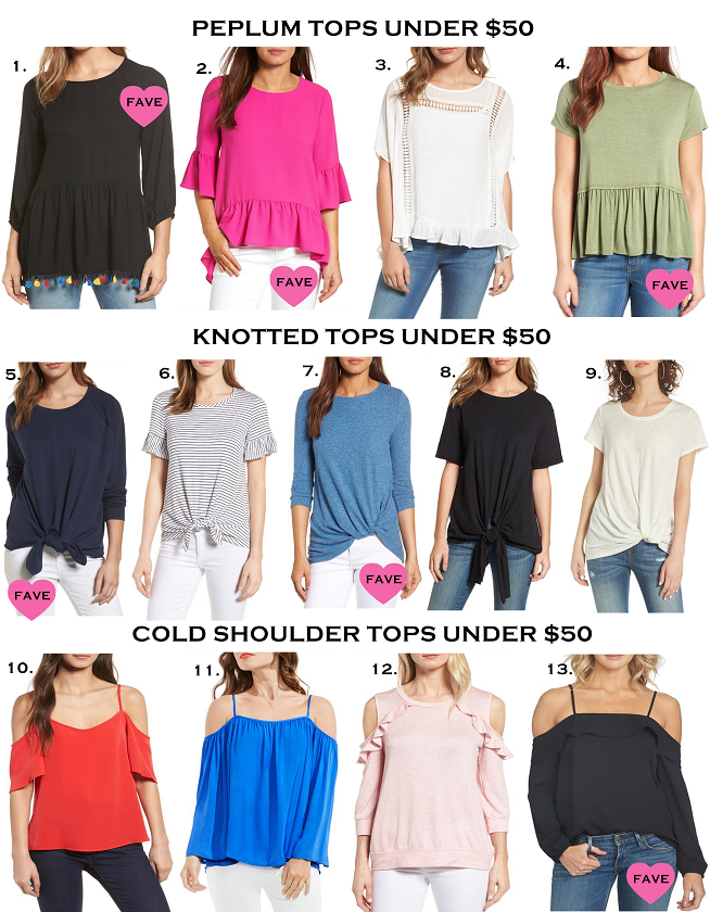 Summer Tops under $50, peplum tops, knotted tops, cold shoulder tops
