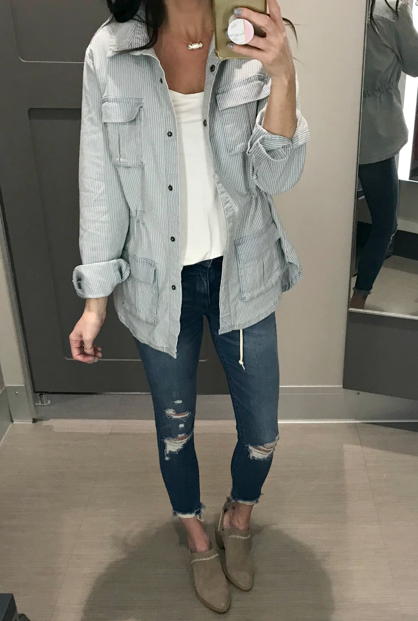 Jacket, cami, jeans, and booties
