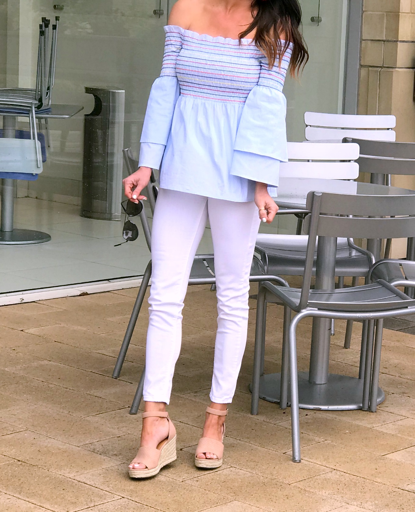 White pants outfit, smocked top