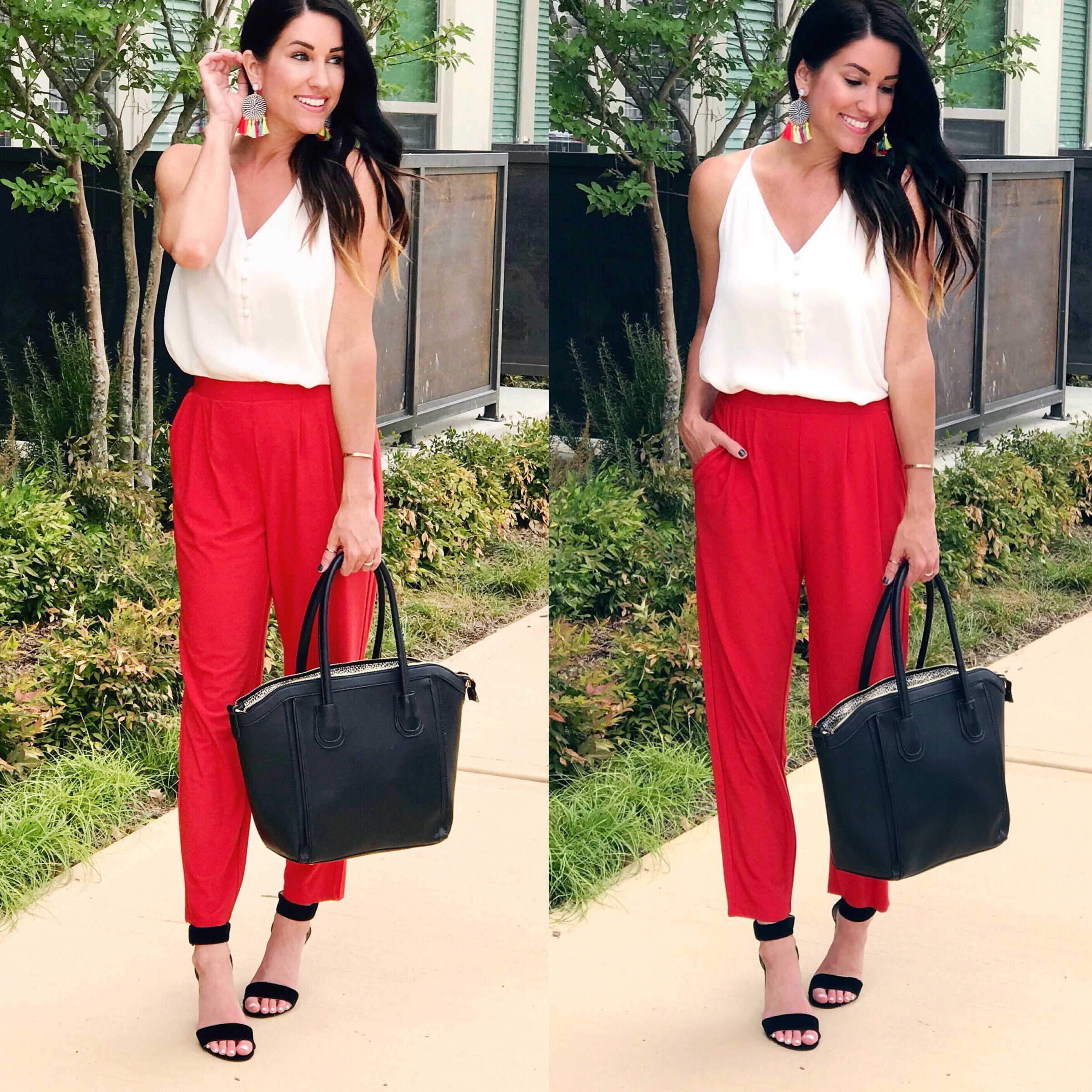 Red Pants, cami, workwear