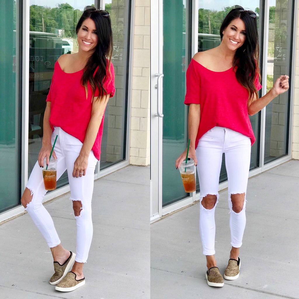 Red top, white jeans, shoes