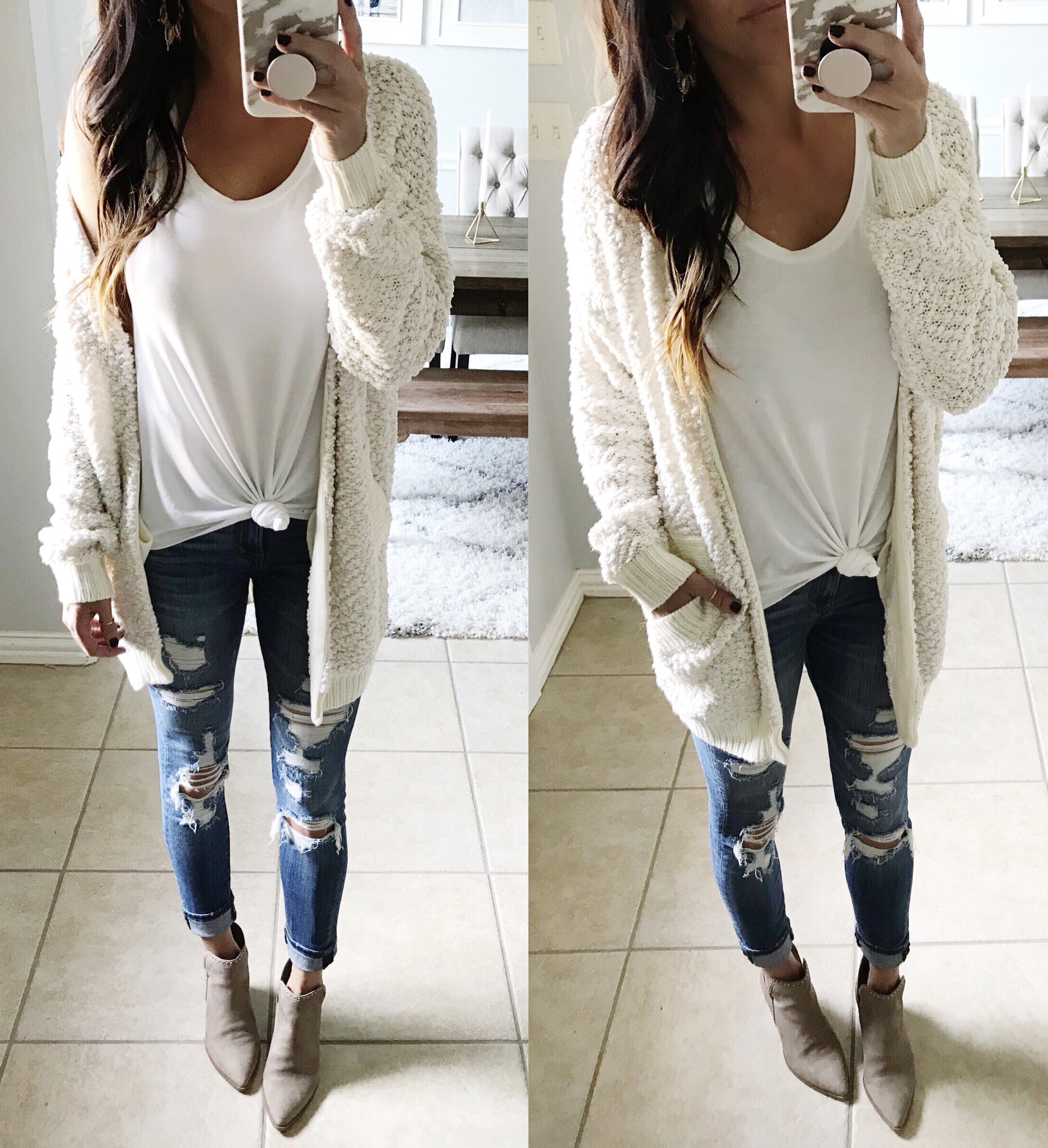 tan cardigan and jeans