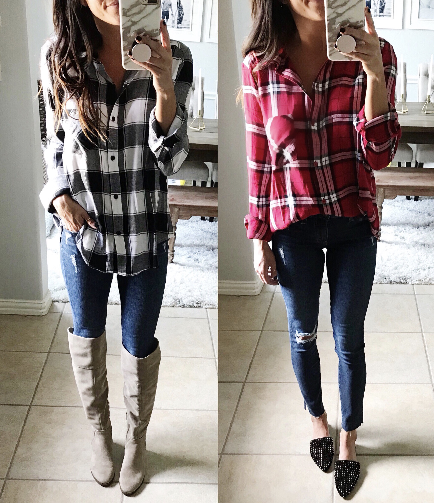Plaid top, jeans, and boots.