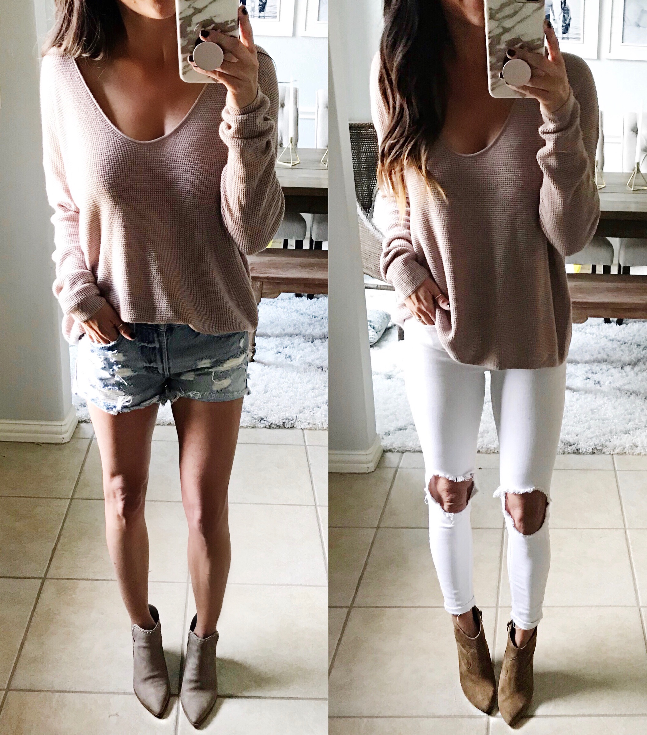 sweater, jeans, shorts