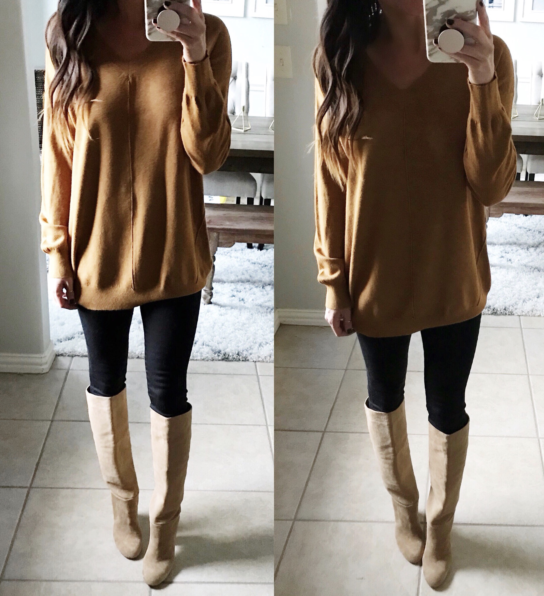 sweater, tall boots, jeans