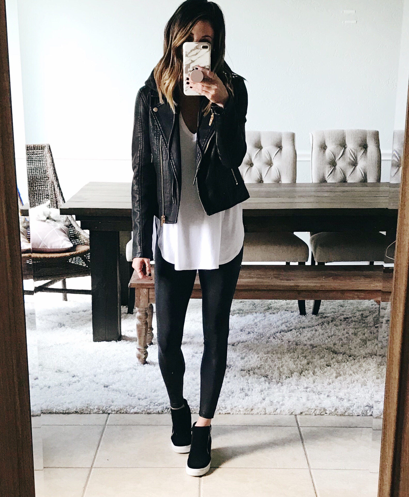 blazer with leggings and sneakers